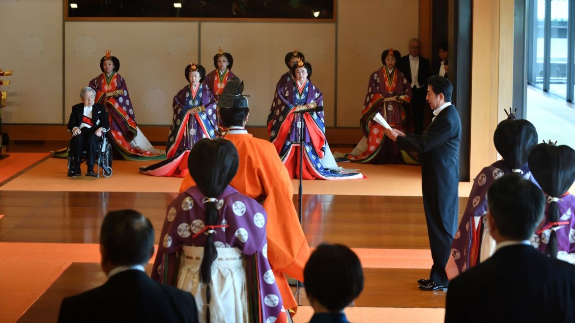 Japan's Prime Minister Shinzo Abe speaks during the enthronement ceremony of Japan's Emperor Naruhito at the Imperial Palace in Tokyo, Japan October 22, 2019.  Kazuhiro Nogi/Pool via REUTERS
