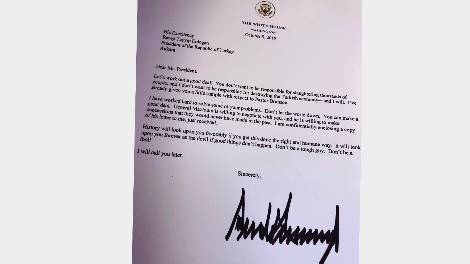 ‪صورة من رسالة الرئيس الأميركي لنظيره التركي‬ (رويترز)