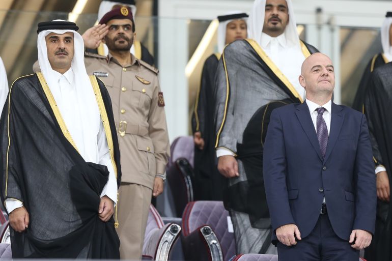 Inauguration of the Al Wakrah Stadium in Qatar- - DOHA, QATAR - MAY 16: Qatari Emir Tamim bin Hamad Al Thani (L) and the president of FIFA Gianni Infantino (R) attend the inauguration of the Al Wakrah Stadium that will host the 2022 FIFA World Cup, on May 16, 2019 in Doha, Qatar.