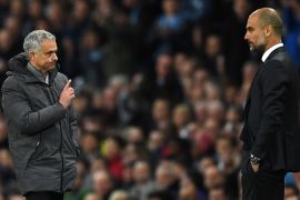 MANCHESTER, ENGLAND - APRIL 27: Jose Mourinho, Manager of Manchester United (L) and Josep Guardiola, Manager of Manchester City (R) during the Premier League match between Manchester City and Manchester United at Etihad Stadium on April 27, 2017 in Manchester, England. (Photo by Laurence Griffiths/Getty Images)
