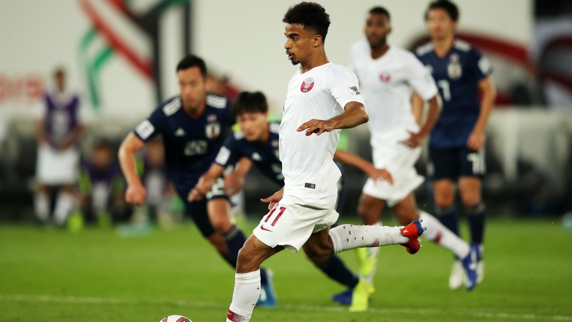 Japan v Qatar - AFC Asian Cup Final- - ABU DHABI, UAE - FEBRUARY 01: Akram Afif (11) of Qatar in action during the 2019 AFC Asian Cup final match between Japan and Qatar in Abu Dhabi, United Arab Emirates, February 01, 2019.