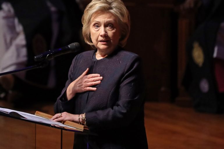 BALTIMORE, MARYLAND - OCTOBER 25: Former first lady and Secretary of State Hillary Clinton delivers remarks during the funeral service for Rep. Elijah Cummings (D-MD) at New Psalmist Baptist Church on October 25, 2019 in Baltimore, Maryland. A sharecroppers son who rose to become a civil rights champion and the chairman of the powerful House Oversight and Government Reform Committee, Cummings died last week of complications from longstanding health problems. Chip Somodevilla/Getty Images/AFP== FOR NEWSPAPERS, INTERNET, TELCOS &amp; TELEVISION USE ONLY ==