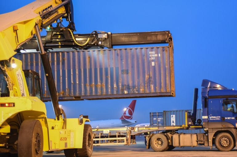 ISTANBUL, TURKEY - APRIL 06: Carriers load containers to trucks in Ataturk Airport on April 06, 2019 in Istanbul, Turkey. Ataturk Airport was opened in 1953 and was the first international airport in Istanbul. It was named after Mustafa Kemal Ataturk the founder of modern Turkey. The airport was scheduled for closure at the completion of Istanbul New Airport. Ataturk Airport shut down at 3am on April 6th, with all operations moves to the new airport. The move initiated by Turkish Airlines and TAV will be the biggest logistical operation in aviation history. The operation will take 45 hours and 686 trucks will move more than 10.000 pieces of equipment. The last flight from Ataturk airport was to Singapore at 2am after which the airport will be officially closed. The first phase of the Istanbul New Airport was officially opened in October 2018 and once all four phases are complete will have an estimated annual passenger capacity of 90 million, making it one of the largest airports in the world. (Photo by Burak Kara/Getty Images)