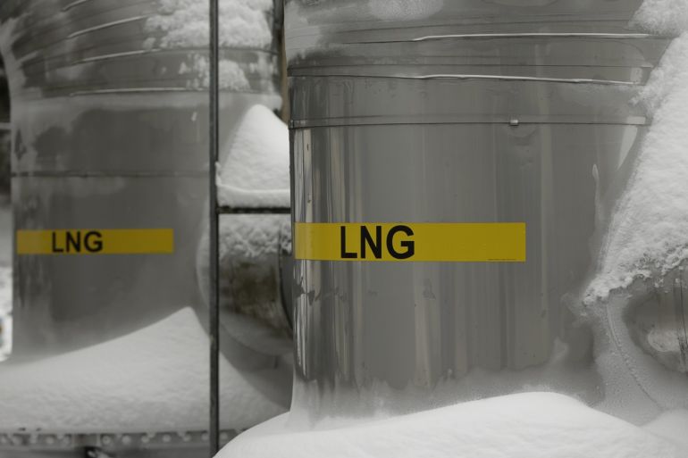 Snow covered transfer lines are seen at the Dominion Cove Point Liquefied Natural Gas (LNG) terminal in Lusby, Maryland March 18, 2014. REUTERS/Gary Cameron (UNITED STATES)