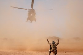 An NH90 Caiman military helicopter lands next to a temporary forward operating base (TFOB) during Operation Barkhane in Ndaki, Mali, July 29, 2019. REUTERS/Benoit Tessier SEARCH