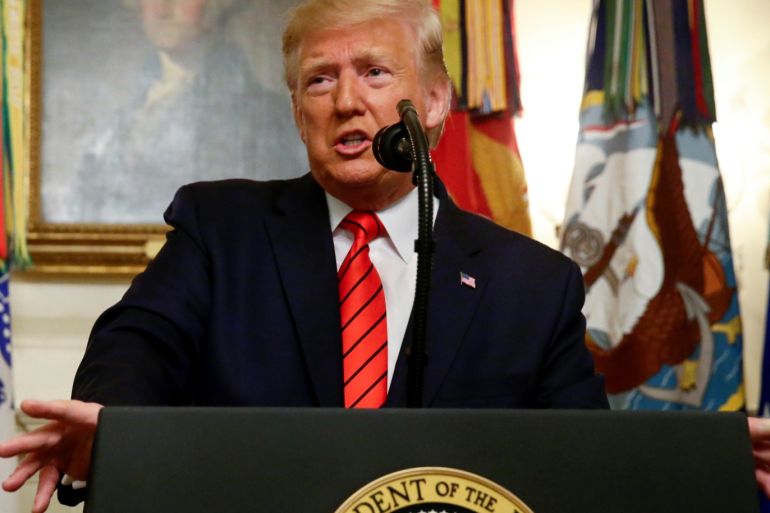 U.S. President Donald Trump makes a statement at the White House following reports that U.S. forces attacked Islamic State leader Abu Bakr al-Baghdadi in northern Syria, in Washington, U.S., October 27, 2019. REUTERS/Jim Bourg