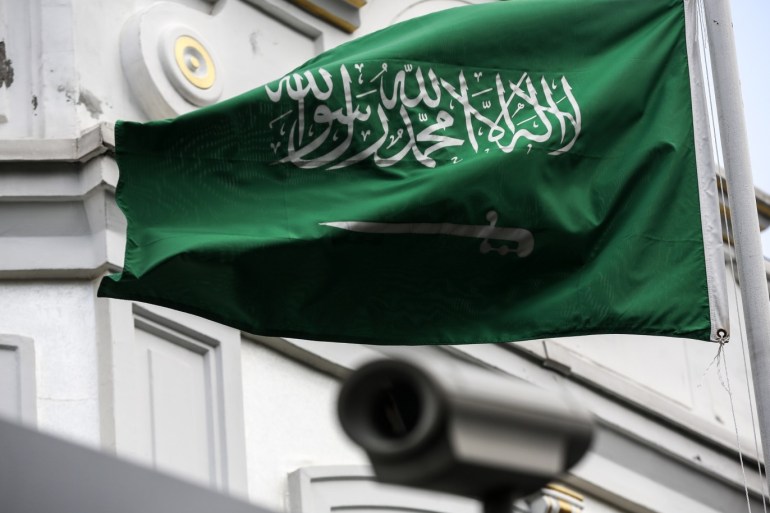 Disappearance of Prominent Saudi journalist Jamal Khashoggi- - ISTANBUL, TURKEY - OCTOBER 18: Flag of Saudi Arabia waves at the official residence of Consul General of Saudi Arabia as the waiting continues on the disappearance of Prominent Saudi journalist Jamal Khashoggi, in Istanbul, Turkey on October 18, 2018. Turkish and Saudi Arabian officials started joint investigation of case of missing journalist Jamal Khashoggi. Officials from a joint Turkish-Saudi team compl