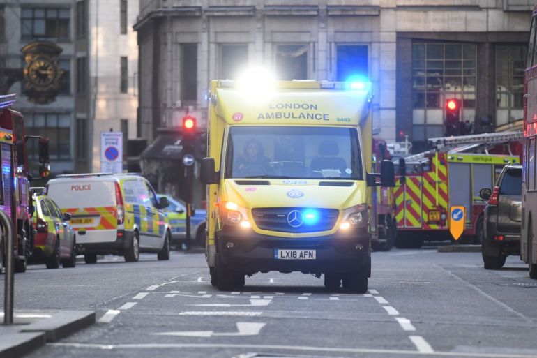 Medical services at the scene of an incident at London Bridge in London, Britain, 29 November 2019. According to reports, a man has been detained after police officers were called to a stabbing at London Bridge. Several people have been injured. EPA-EFE/FACUNDO ARRIZABALAGA