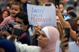 A placard reads 'Liberty, Equality, Fraternity'. People gathered against islamophobia on the main square of Toulouse, the Capitole. They denounce what they perceive as stigmatization of the islamic faith as President Macron called for a 'society of vigilance' to detect 'little signs' which are said to announce a radicalization such as 'being interesting in international news', 'stop drinking alcohol', etc. Gatherers also denounce an intolerance to the Muslim headscarf in public places. Toulouse. France. October 27th 2019. (Photo by Alain Pitton/NurPhoto via Getty Images)