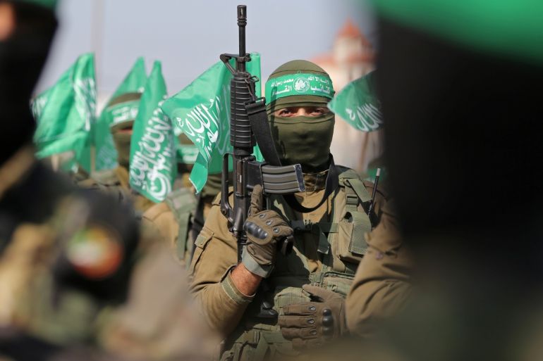 Palestinian Hamas militants take part in an anti-Israel military show in the southern Gaza Strip November 11, 2019. REUTERS/Ibraheem Abu Mustafa