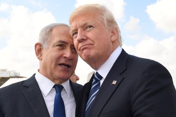 JERUSALEM, ISRAEL - MAY 23: (ISRAEL OUT) In this handout photo provided by the Israel Government Press Office (GPO), Israeli Prime Minister Benjamin Netanyahu speaks with US President Donald Trump prior to the President's departure from Ben Gurion International Airport in Tel Aviv on May 23, 2017 in Jerusalem, Israel. Trump arrived for a 28-hour visit to Israel and the Palestinian Authority areas on his first foreign trip since taking office in January. (Photo by Kob