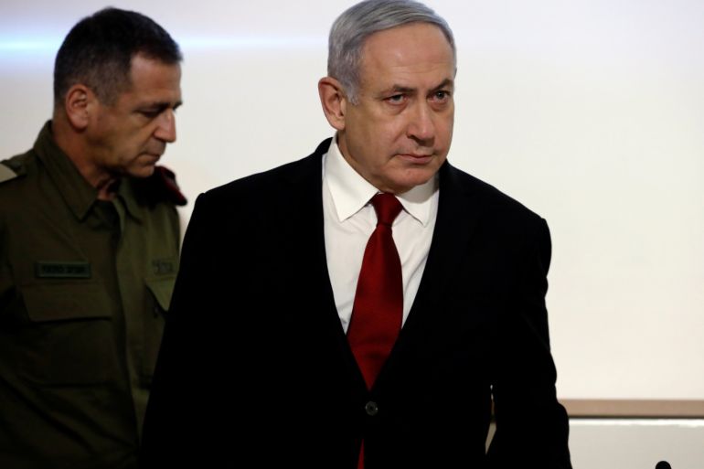 Israel's Prime Minister Benjamin Netanyahu and Israel's Chief of Staff Aviv Kochavi arrive to deliver a joint statement in Tel Aviv, Israel November 12, 2019. REUTERS/Corinna Kern