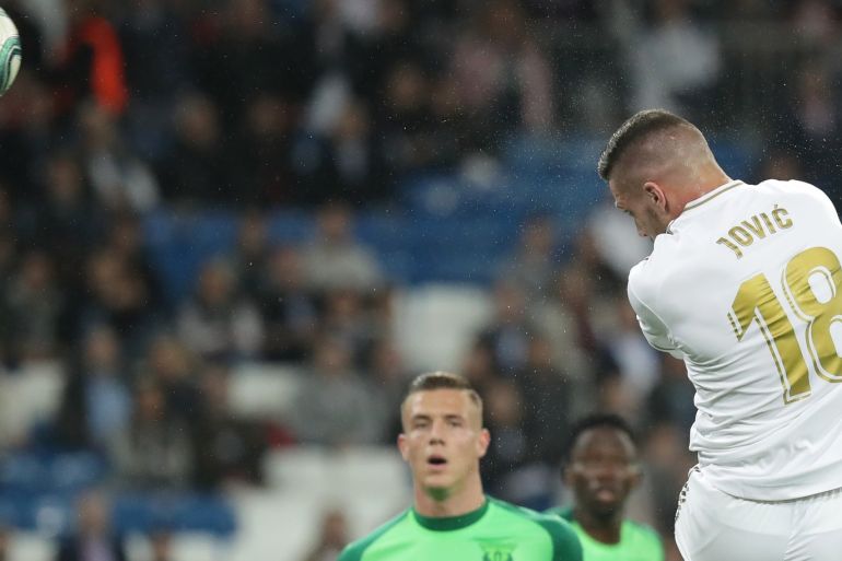 MADRID, SPAIN - OCTOBER 30: Luka Jovic of Real Madrid scores his sides fifth goal during the Liga match between Real Madrid CF and CD Leganes at Estadio Santiago Bernabeu on October 30, 2019 in Madrid, Spain. (Photo by Gonzalo Arroyo Moreno/Getty Images)