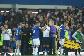 LIVERPOOL, ENGLAND - NOVEMBER 03: Son Heung-Min of Tottenham Hotspur is shown a red card during the Premier League match between Everton FC and Tottenham Hotspur at Goodison Park on November 03, 2019 in Liverpool, United Kingdom. (Photo by Michael Regan/Getty Images)