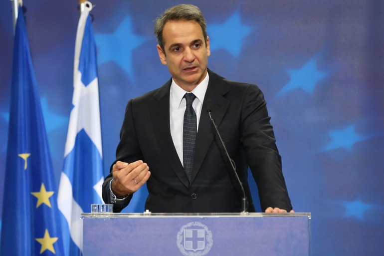 Greek Prime Minister Kyriakos Mitsotakis- - BRUSSELS, BELGIUM - OCTOBER 18: Greek Prime Minister Kyriakos Mitsotakis makes a speech as he holds a press conference at the end of the second day of the European Summit at the European Council in Brussels, Belgium on October 18, 2019.