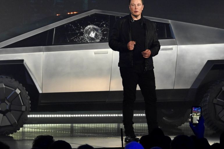 Nov 21, 2019; Hawthorne, CA, U.S.A; Tesla CEO Elon Musk unveils the Cybertruck at the TeslaDesign Studio in Hawthorne, Calif. The cracked window glass occurred during a demonstration on the strength of the glass. Mandatory Credit: Robert Hanashiro-USA TODAY