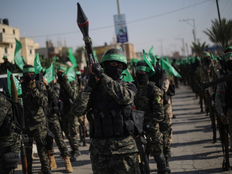 Ezzedine al-Qassam Brigades' parade in Gaza- - KHAN YOUNIS, GAZA - NOVEMBER 11: Ezzedine al-Qassam Brigades, the armed wing of Palestinian resistance movement Hamas, hold a parade as part of the anniversary of the prevention of Israeli covert operation on 11 November 2018 carried out in the Khan Younis of the southern Gaza Strip, on November 11, 2019 in Khan Younis, Gaza.