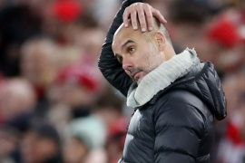 Soccer Football - Premier League - Liverpool v Manchester City - Anfield, Liverpool, Britain - November 10, 2019 Manchester City manager Pep Guardiola reacts Action Images via Reuters/Carl Recine EDITORIAL USE ONLY. No use with unauthorized audio, video, data, fixture lists, club/league logos or
