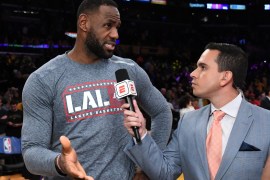 Nov 13, 2019; Los Angeles, CA, USA; ESPN reporter Jorge Sedano (right) interviews Los Angeles Lakers forward LeBron James after the game against the Golden State Warriors at the Staples Center. The Lakers defeated the Warriors 120-94. Mandatory Credit: Kirby Lee-USA TODAY Sports