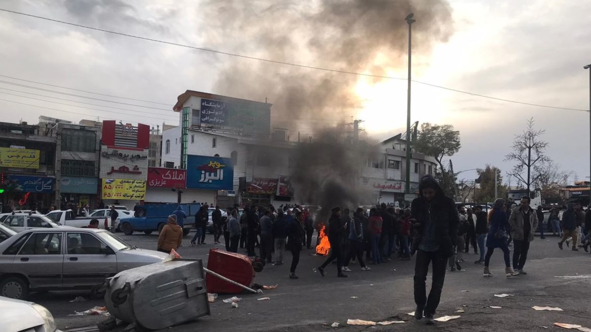 Protest against gasoline price hike in Iran- - TEHRAN, IRAN - NOVEMBER 16: Protesters set fire as they block the roads during a protest against gasoline price hike at Damavand of Tehran, Iran on November 16, 2019.