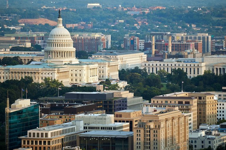 USA; View; landmark; building; outdoor; Architecture; city; capital; Washington DC; politics; no people; government building; Travel; sky; Capitol; american; Federal Triangle; aerial view; day; built structure; elevated view; birds eye view; Photography; Color Image