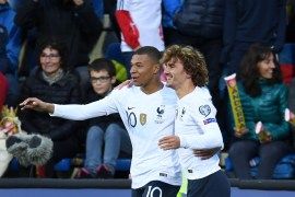 ANDORRA LA VELLA, ANDORRA - JUNE 11: Kylian Mbappe of France celebrates with teammate Antoine Griezmann of France after scoring his team's first goal during the UEFA Euro 2020 Qualification match between Andorra and France on June 11, 2019 in Andorra la Vella, Andorra. (Photo by David Ramos/Getty Images)