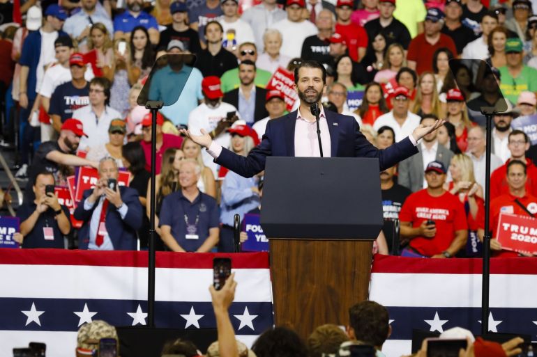 United States President Donald Trump launches his re-election campaign- - ORLANDO, USA - JUNE 18: Donald Trump JR, son of US President Donald Trump, speaks during a rally at the Amway Center in Orlando, Florida, United States on June 18, 2019. President Donald Trump officially launches his 2020 campaign.