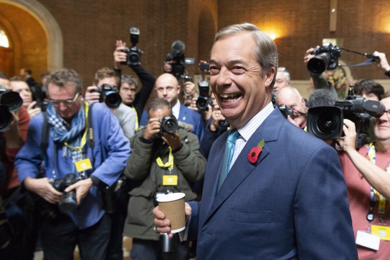 Brexit Party leader Nigel Farage launches election campaign- - LONDON, UNITED KINGDOM - NOVEMBER 01: Brexit Party leader Nigel Farage arrives to make a speech launching the Brexit Party General Election Campaign in London, United Kingdom on November 01, 2019.