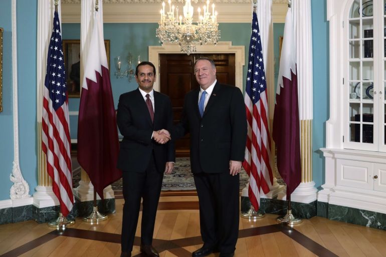 WASHINGTON, DC - NOVEMBER 12: U.S. Secretary Mike Pompeo welcomes Qatari Deputy Prime Minister and Minister of Foreign Affairs Sheikh Mohammed bin Abdulrahman Al-Thani prior to their meeting at the State Department November 12, 2019 in Washington, DC. Secretary Pompeo hosted his Qatari counterpart for a bilateral meeting. Alex Wong/Getty Images/AFP== FOR NEWSPAPERS, INTERNET, TELCOS & TELEVISION USE ONLY ==
