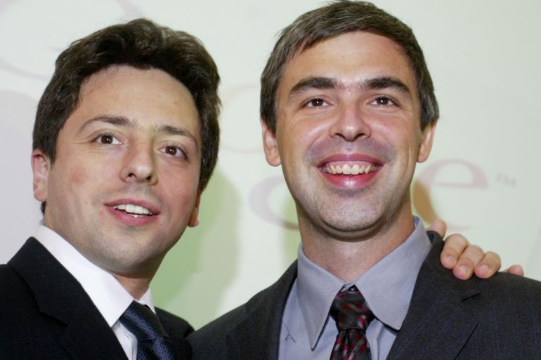 FRANKFURT, GERMANY - OCTOBER 7: Google founders Sergey Brin (L) and Larry Page (R) smile prior to a news conference during the opening of the Frankfurt bookfair on October 7, 2004 in Frankfurt, Germany. The Frankfurt Bookfair is the world's largest event of it's type and this year's focal theme 'Literature of Arabia