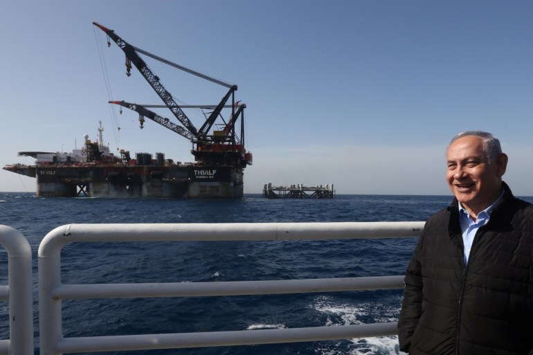 Israeli Prime Minister Benjamin Netanyahu takes part in the inauguration event of the newly arrived foundation platform of Leviathan natural gas field, in the Mediterranean Sea, off the coast of Haifa, Israel January 31, 2019. Marc Israel Sellem/Pool via REUTERS