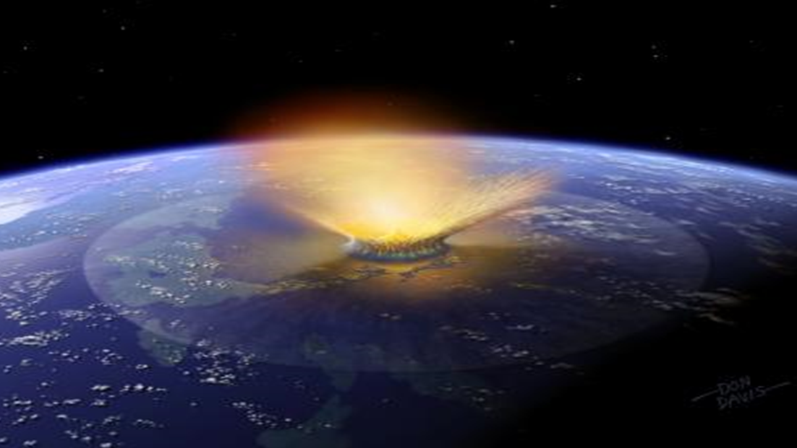 ‪صورة تخيلية لارتطام كويكب تشيكسولوب بالأرض (يوريك ألرت)‬ صورة تخيلية لارتطام كويكب تشيكسولوب بالأرض (يوريك ألرت) 