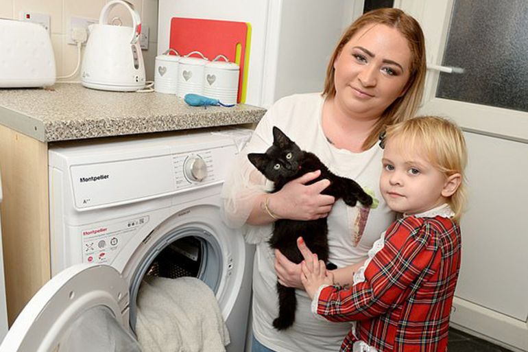 A three-month-old kitten called Posey miraculously survived after 20 minutes inside the washing machine thanks to CPR from her owner Courtney Drury, 22 (centre). Right: Ms Drury's daughter Alyssia