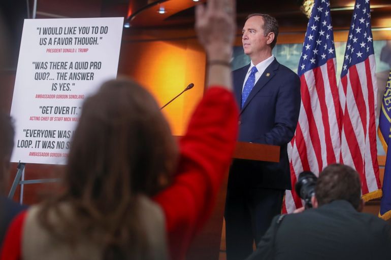 U.S. House Intelligence Committee Chairman Adam Schiff (D-CA) takes questions during a news conference with Capitol Hill reporters ahead of a committee vote on its findings in the impeachment inquiry into U.S. President Donald Trump on Capitol Hill in Washington, U.S., December 3, 2019. REUTERS/Jonathan Ernst