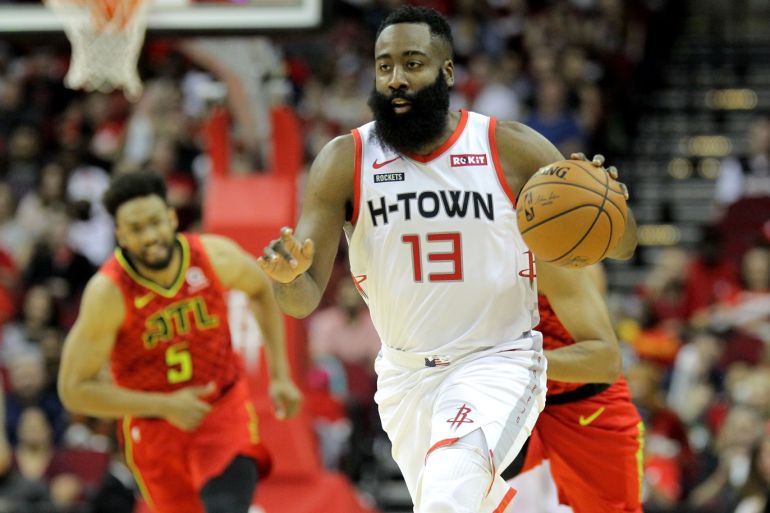 Nov 30, 2019; Houston, TX, USA; Houston Rockets guard James Harden (13) dribbles the ball against the Atlanta Hawks during the first quarter at Toyota Center. Mandatory Credit: Erik Williams-USA TODAY Sports
