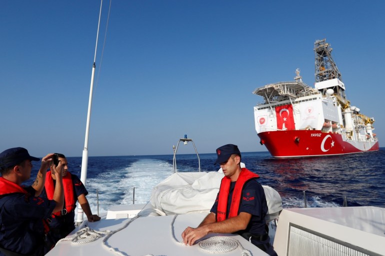 Turkish drilling vessel Yavuz is pictured from a Turkish Coast Guard boat in the eastern Mediterranean Sea off Cyprus, August 6, 2019. Picture taken August 6, 2019. REUTERS/Murad Sezer