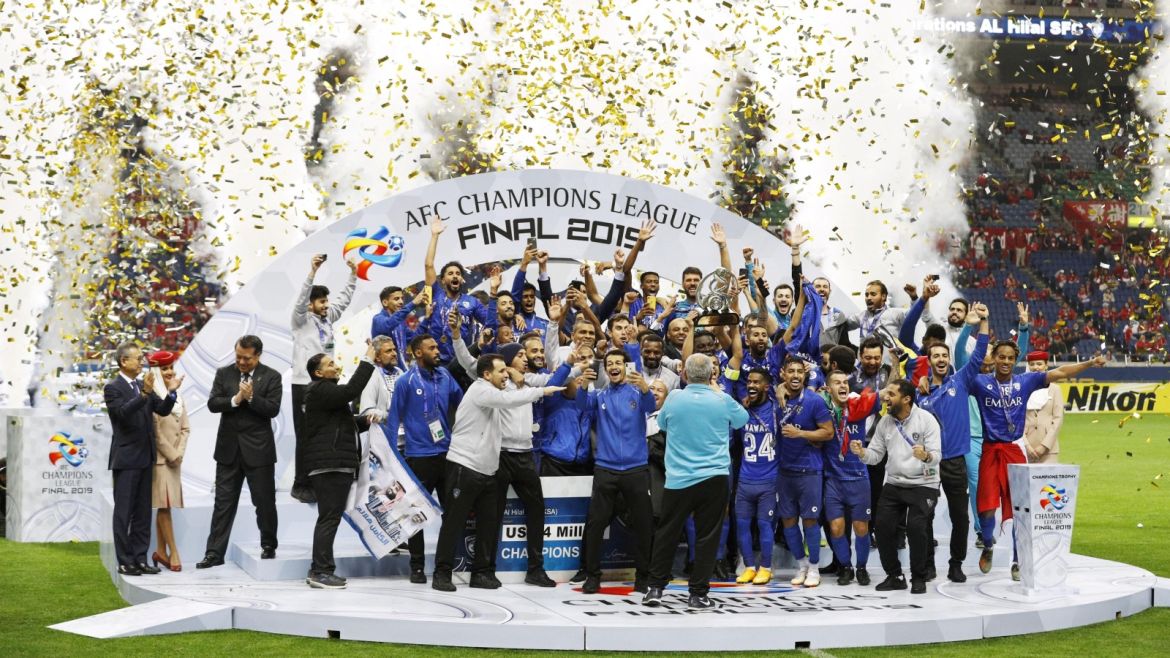 Saudi Arabia's Al Hilal FC players and staff celebrate after wining against Japan's Urawa Red Diamonds in the second leg of the AFC Champions League 2019 Final in Saitama, Japan in this photo taken by Kyodo November 24, 2019. Mandatory credit Kyodo/via REUTERS  ATTENTION EDITORS - THIS IMAGE WAS PROVIDED BY A THIRD PARTY. MANDATORY CREDIT. JAPAN OUT.