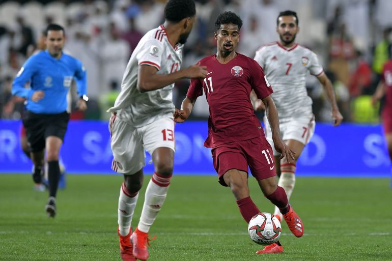 ABU DHABI, UNITED ARAB EMIRATES - JANUARY 29: Akram Hassan Afif of Qatar in action during the AFC Asian Cup semi final match between Qatar and United Arab Emirates at Mohammed Bin Zayed Stadium on January 29, 2019 in Abu Dhabi, United Arab Emirates. (Photo by Koki Nagahama/Getty Images)