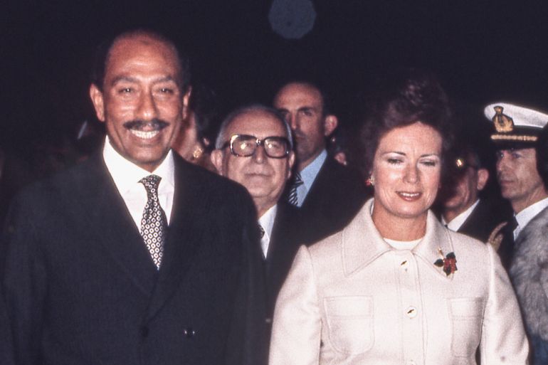 President Anwar Sadat and his wife Jehan. (Photo by Vittoriano Rastelli/Corbis via Getty Images) جيهان وأنور السادات