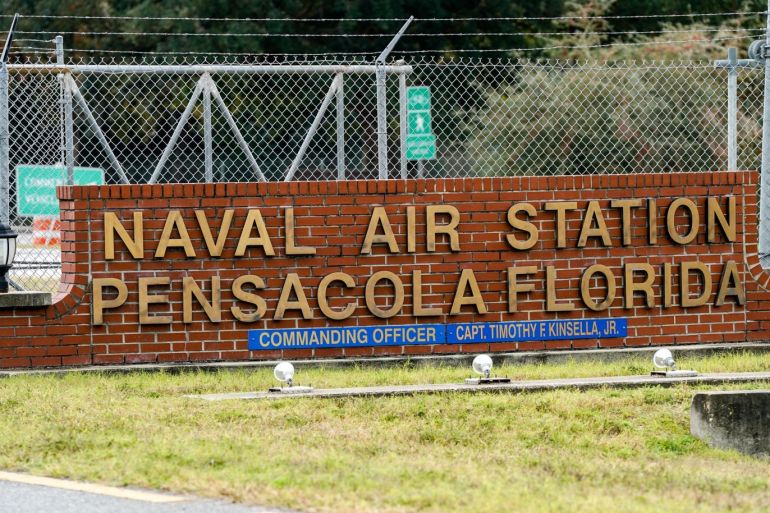 PENSACOLA, FLORIDA - DECEMBER 06: A general view of the atmosphere at the Pensacola Naval Air Station following a shooting on December 06, 2019 in Pensacola, Florida. The second shooting on a U.S. Naval Base in a week has left three dead plus the suspect and seven people wounded. Josh Brasted/Getty Images/AFP== FOR NEWSPAPERS, INTERNET, TELCOS & TELEVISION USE ONLY ==