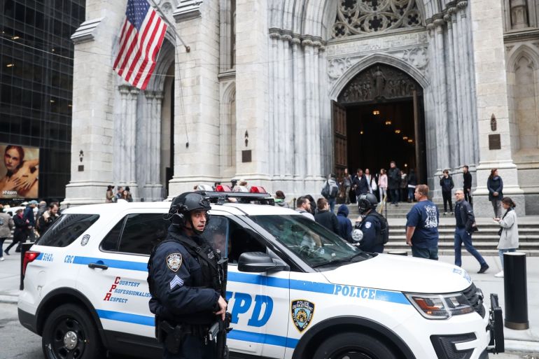 Saint Patrick's Cathedral security measures- - NEW YORK, USA - APRIL 18: NYPD officers take security measures in front of the St. Patrick's Cathedral the morning after a man was arrested after trying to enter the Cathedral with gas cans on April 18, 2019 in New York, United States.