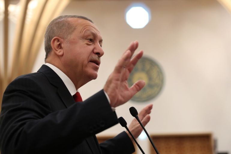 President of Turkey Recep Tayyip Erdogan adresses the audience during the official opening of the new Cambridge Central Mosque, in Cambridge, Britain, December 5, 2019. Murat Cetinmuhurdar/Presidential Press Office/Handout via REUTERS THIS IMAGE HAS BEEN SUPPLIED BY A THIRD PARTY.