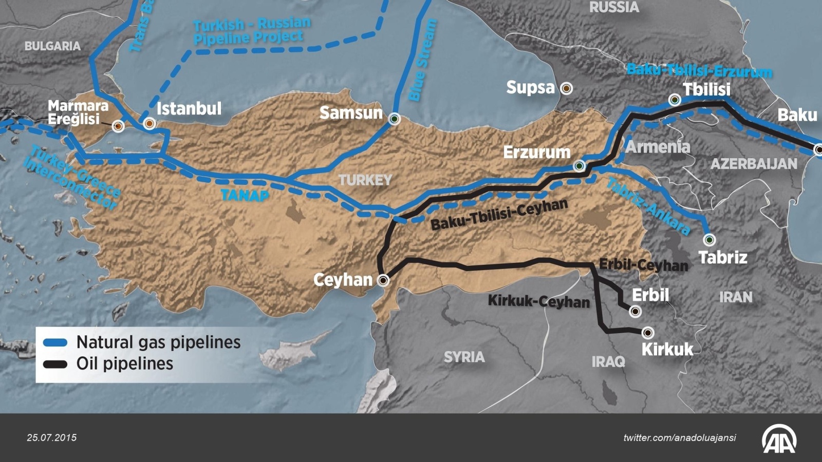 ‪خريطة توضح أنابيب النفط والغاز الدولية التي تمر عبر تركيا‬ (غيتي)