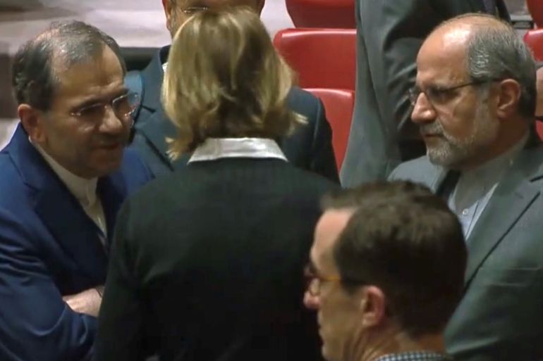 U.S. Ambassador to the United Nations Kelly Craft speaks with Iran's U.N. Ambassador Majid Takht Ravanchi in the U.N. Security Council chamber in New York City, U.S. in a still image from video taken December 19, 2019. UN TV via REUTERS. THIS IMAGE HAS BEEN SUPPLIED BY A THIRD PARTY.