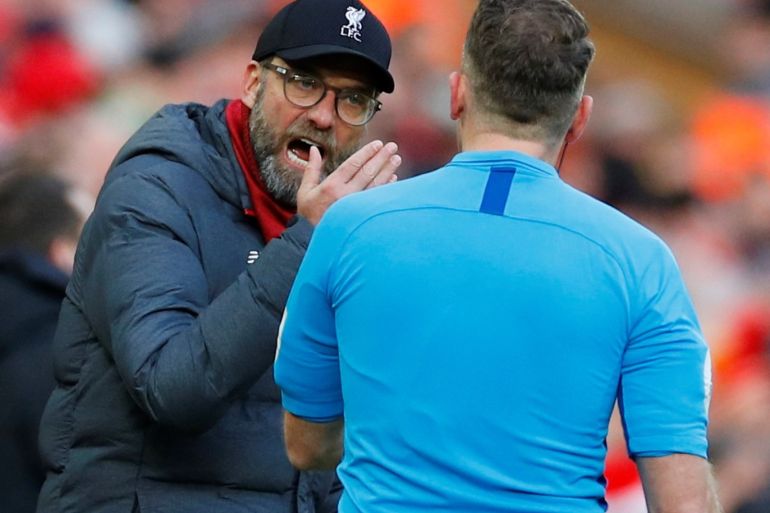 Soccer Football - Premier League - Liverpool v Watford - Anfield, Liverpool, Britain - December 14, 2019 Liverpool manager Juergen Klopp remonstrates with a match official REUTERS/Phil Noble EDITORIAL USE ONLY. No use with unauthorized audio, video, data, fixture lists, club/league logos or
