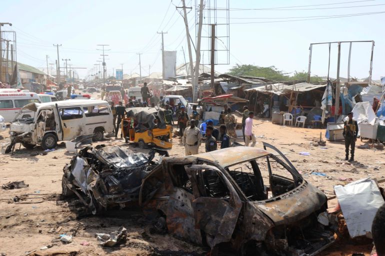 A general view shows the scene of a car bomb explosion at a checkpoint in Mogadishu, Somalia December 28, 2019. REUTERS/Feisal Omar