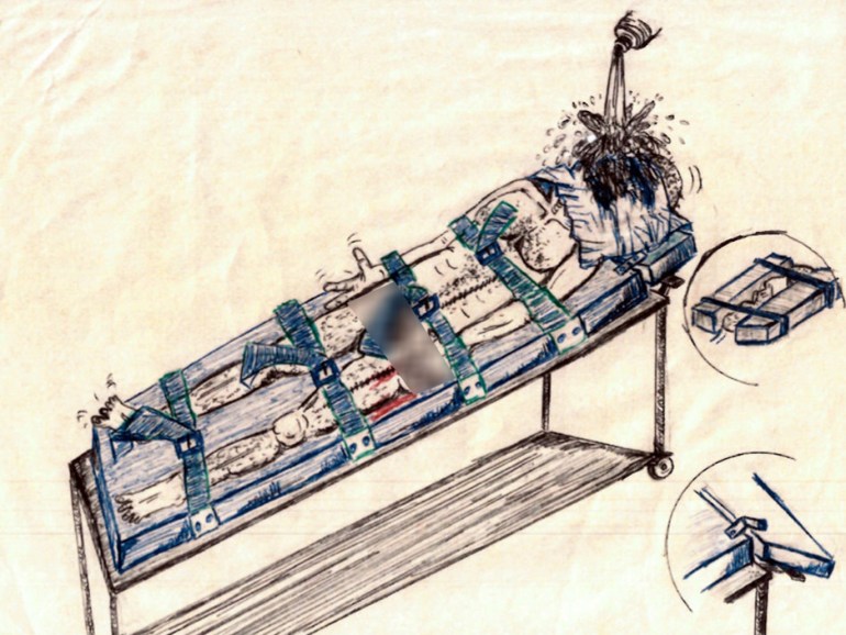 (رسم لسجين غوانتانامو أبو زبيدة يظهر أسلوب التعذيب بالغمر بالماء) الصورة من مارك ديبنو أحد محاميه