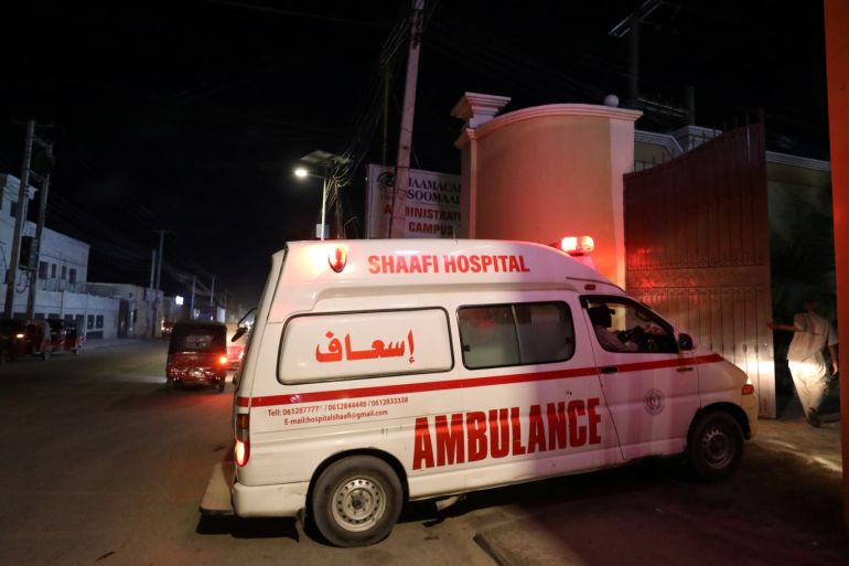 An ambulance carrying an injured person from an attack by Al Shabaab gunmen on a hotel near the presidential residence arrives to the Shaafi hospital in Mogadishu, Somalia December 10, 2019. REUTERS/Feisal Omar