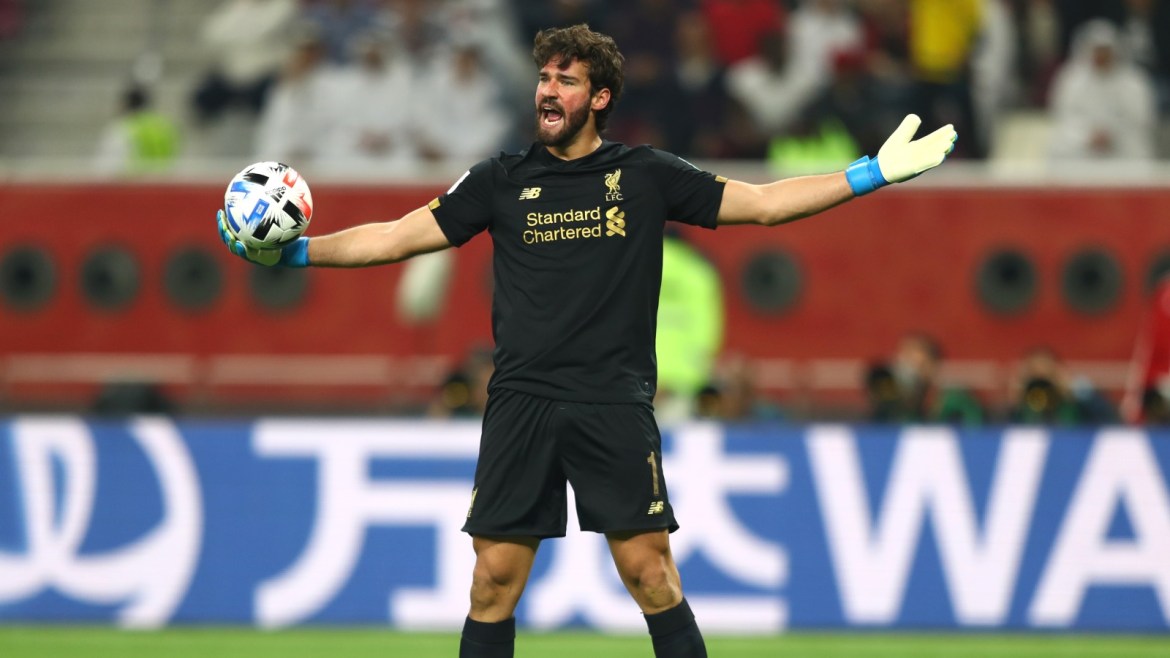 DOHA, QATAR - DECEMBER 21: Alisson Becker of Liverpool reacts during the FIFA Club World Cup Qatar 2019 Final between Liverpool FC and CR Flamengo at Education City Stadium on December 21, 2019 in Doha, Qatar. (Photo by Francois Nel/Getty Images)