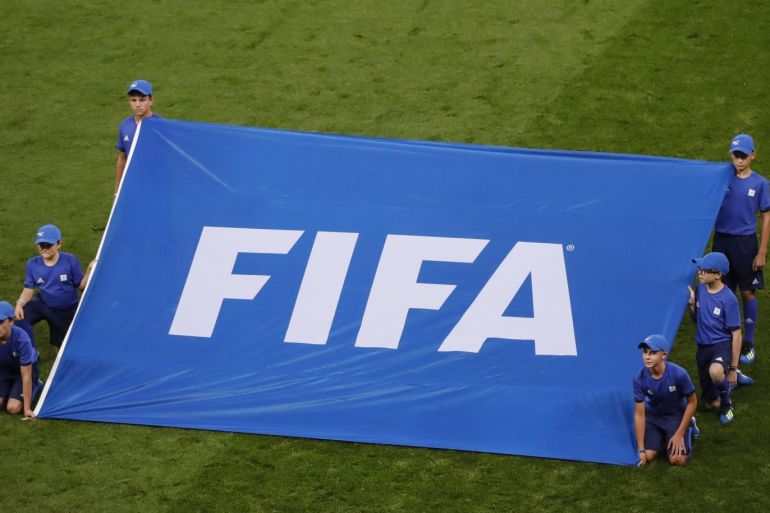 Croatia v England : Semi Final - 2018 FIFA World Cup- - MOSCOW, RUSSIA - JULY 11: FIFA flag is seen ahead of the 2018 FIFA World Cup Russia Semi Final match between England and Croatia at Luzhniki Stadium on July 11, 2018 in Moscow, Russia. Croatia have advanced to their first ever World Cup final after beating England 2-1